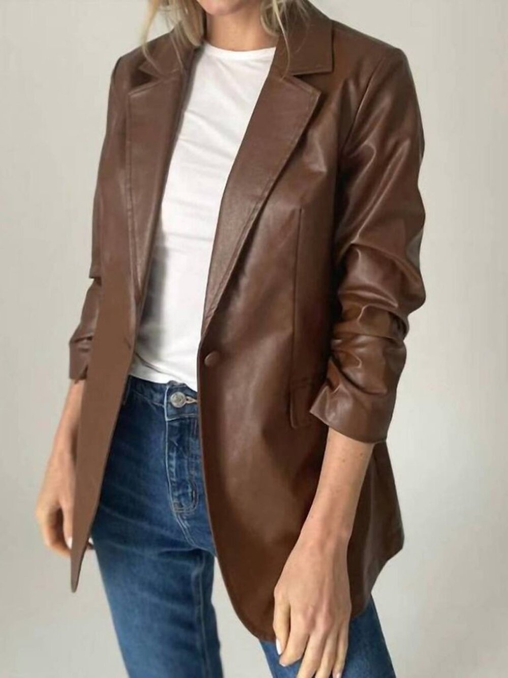NWT Womens Six/Fifty Brown (Item-307) PU Faux Leather Vienna Oversized Blazer XS